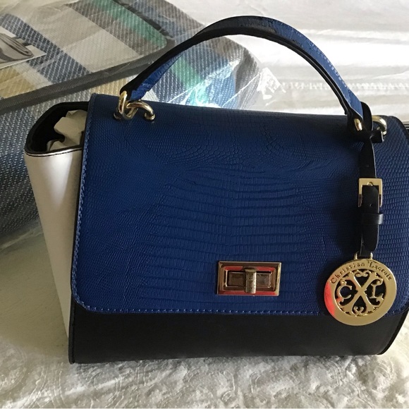 Christian Lacroix top handle bag in white, black and blue. - Picture 2 of 8